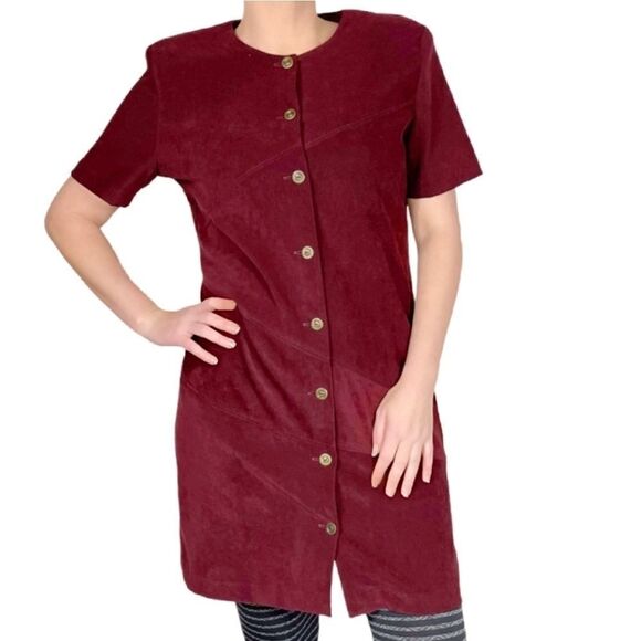 Miss Dorby Vintage Suede Button Up Burgundy Dress - Picture 1 of 10